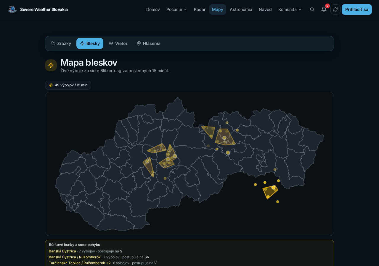 Ukážka sekcie Blesky v aplikácii Severe Weather Slovakia