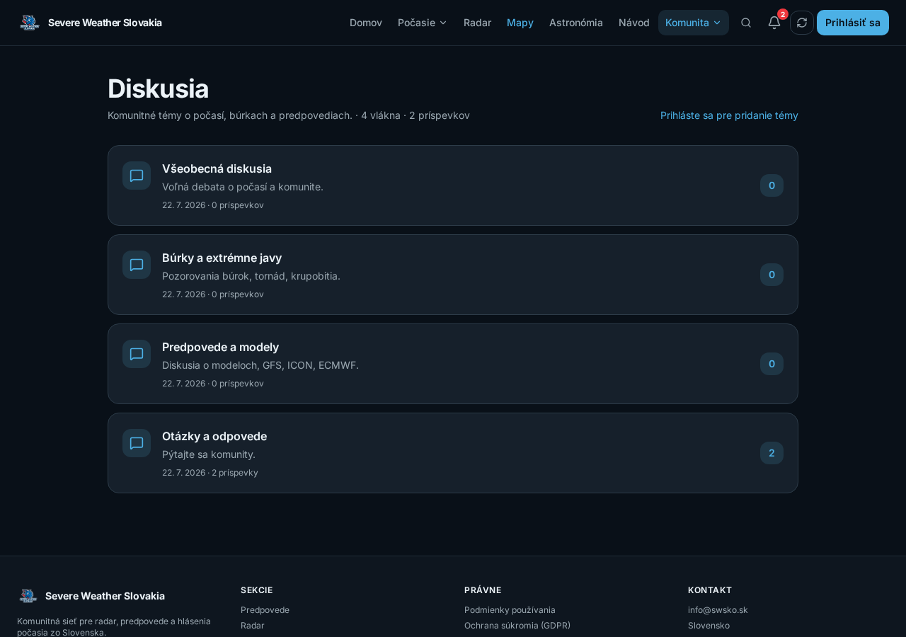 Ukážka sekcie Diskusia v aplikácii Severe Weather Slovakia