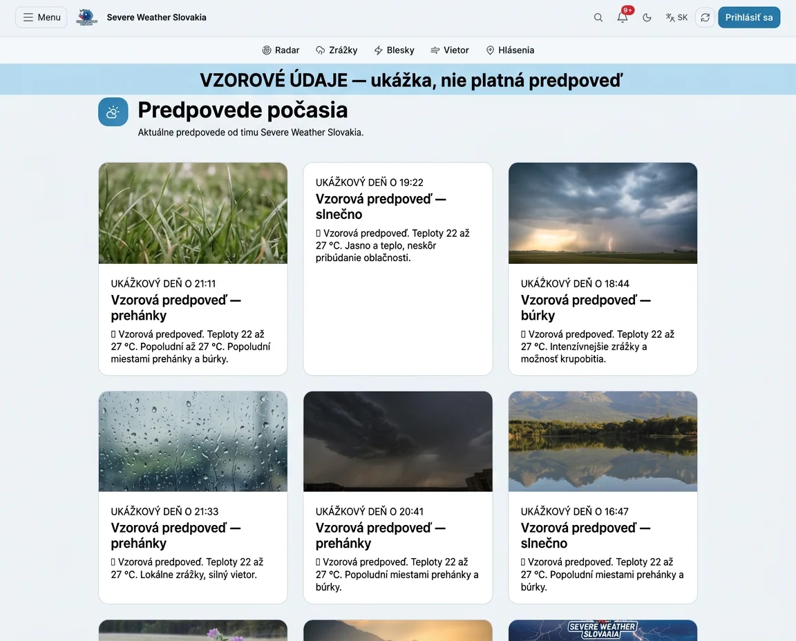 Ukážka webu: Predpovede počasia, doplnená o vymyslené vzorové údaje
