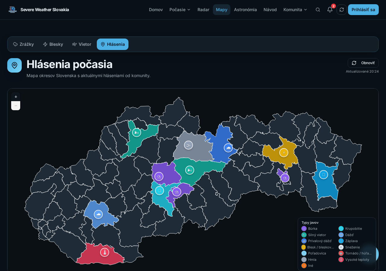 Ukážka sekcie Mapy a prepínanie medzi nimi v aplikácii Severe Weather Slovakia