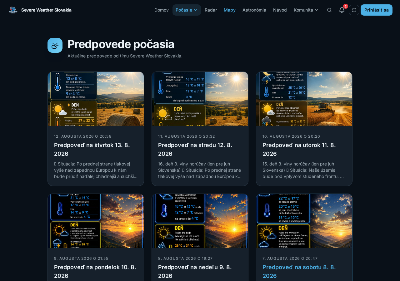 Ukážka sekcie Predpovede v aplikácii Severe Weather Slovakia