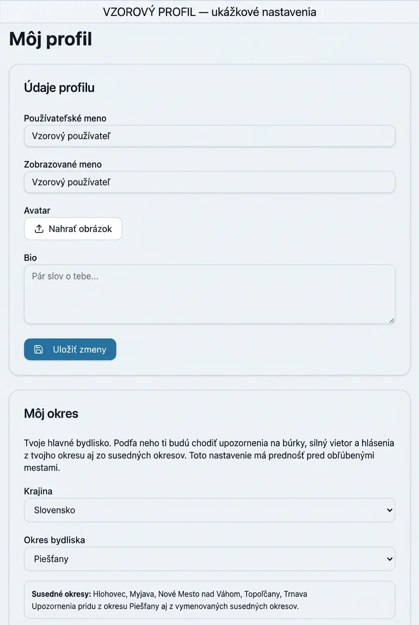 Ukážka webu: Moje počasie a profil, doplnená o vymyslené vzorové údaje