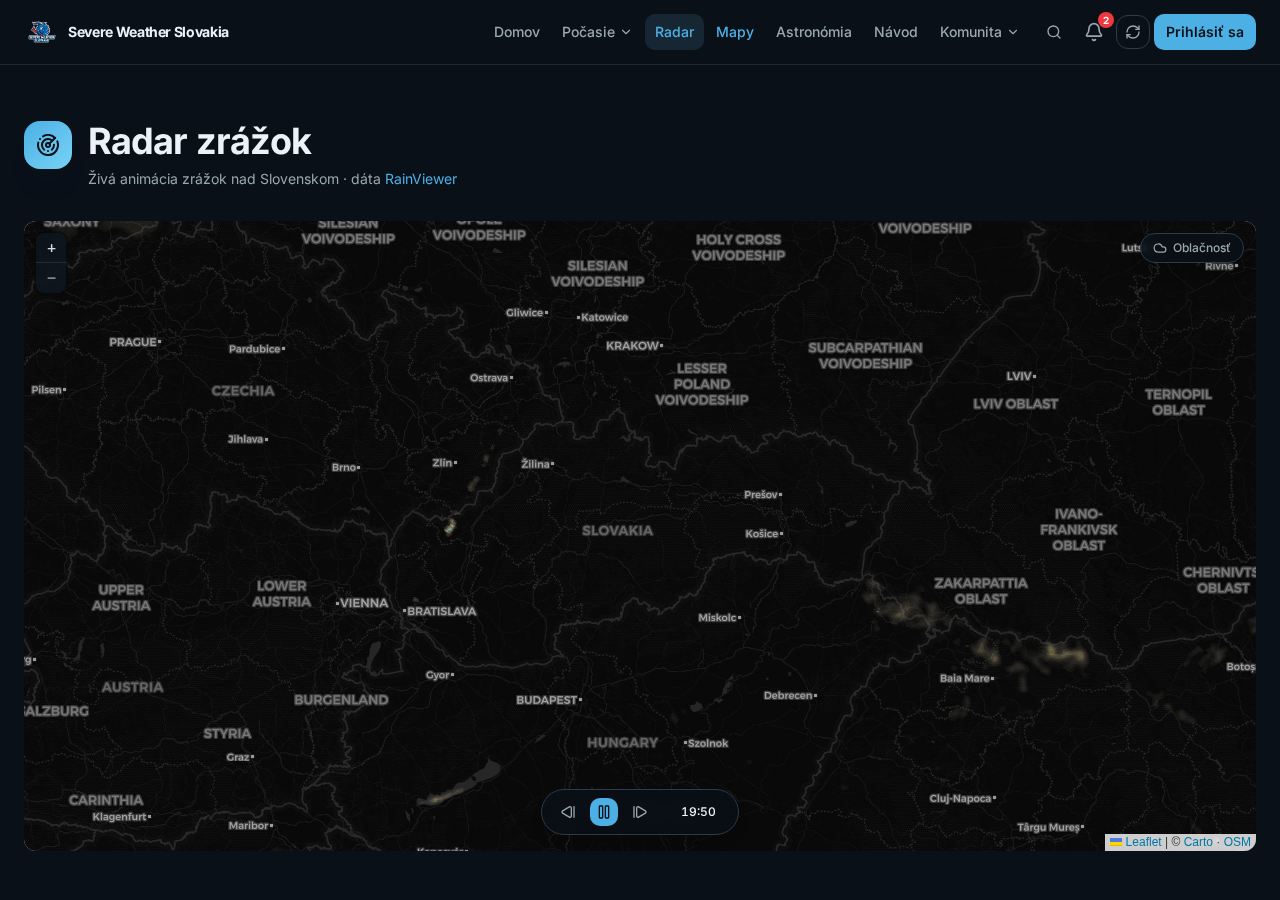 Ukážka sekcie Radar zrážok v aplikácii Severe Weather Slovakia