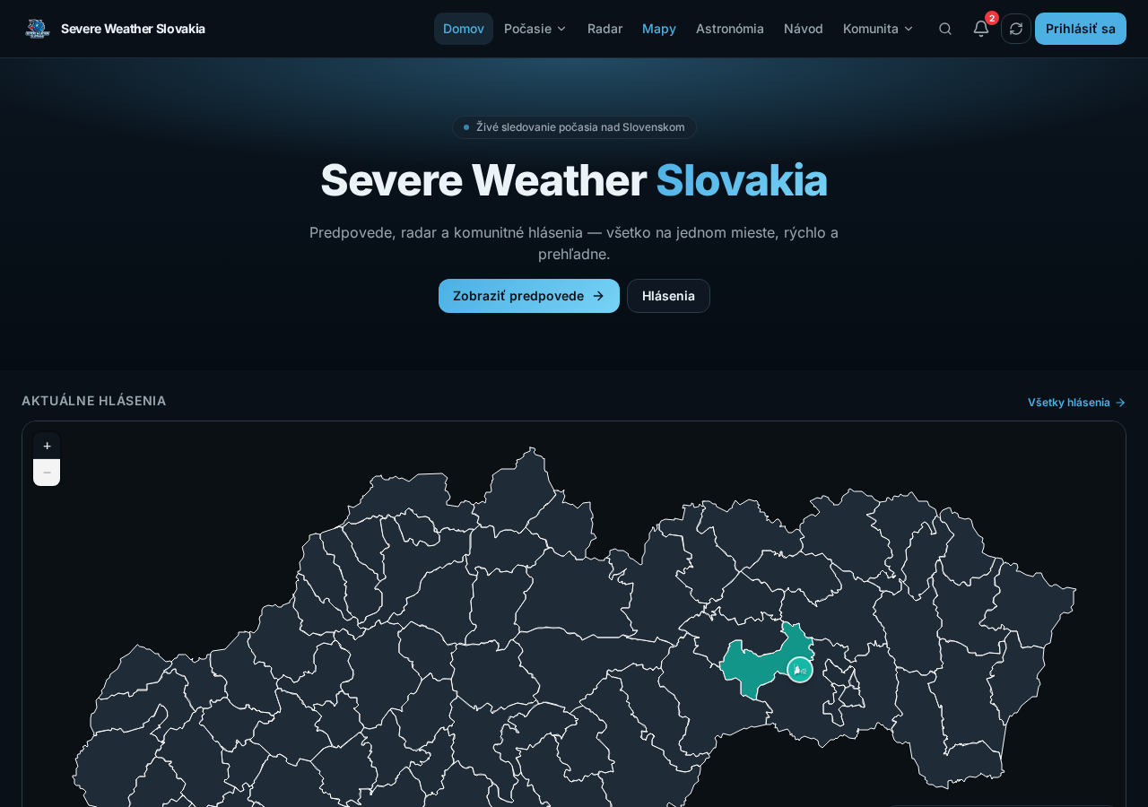 Ukážka sekcie Úvodná obrazovka v aplikácii Severe Weather Slovakia