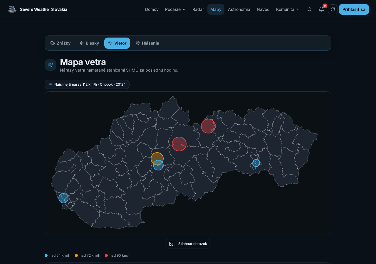 Ukážka sekcie Vietor v aplikácii Severe Weather Slovakia