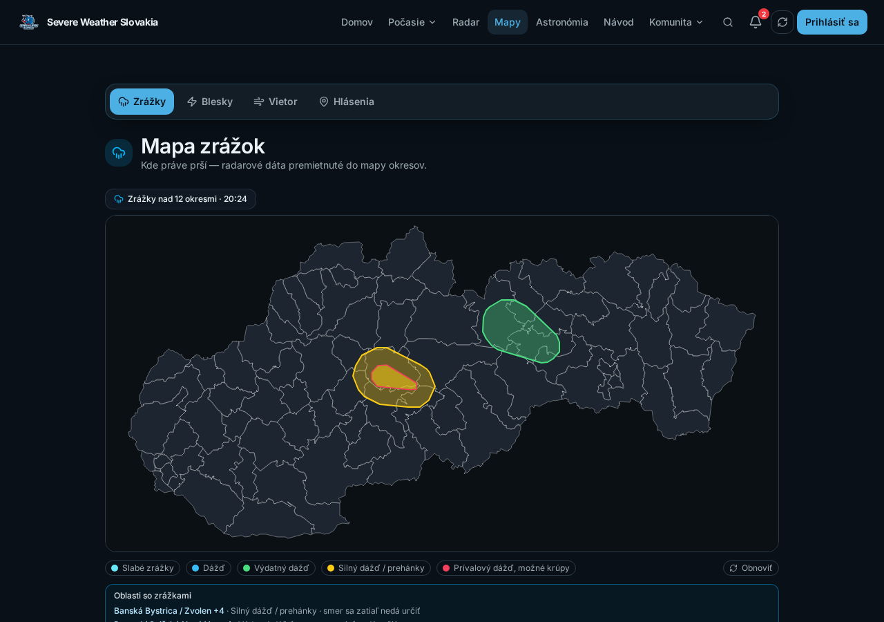 Ukážka sekcie Zrážky v aplikácii Severe Weather Slovakia